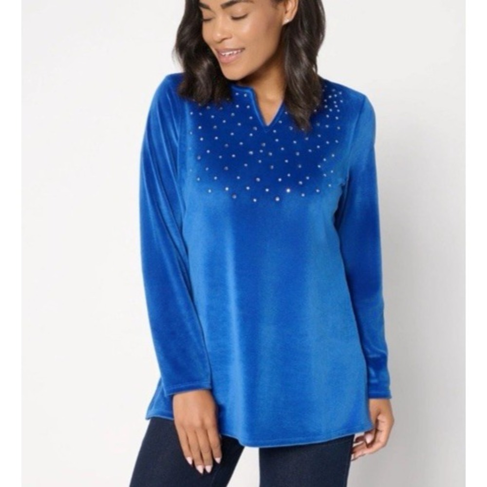Quacker Factory Womens 1X Royal Blue Velour Tunic Rhinestone Sparkle Holiday